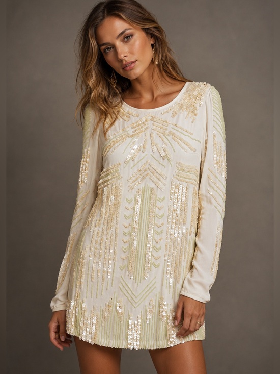 Free People Dresses & Skirts - FREE PEOPLE LIMITED EDITION Ivory Art Deco Embellished Mini Dress Sequin Rare